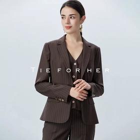 19LUX01咖啡色单排一粒扣条纹西服外套女西装套装女士马甲阔腿裤气质女装三件套