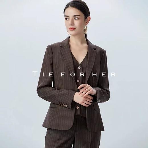 19LUX01咖啡色单排一粒扣条纹西服外套女西装套装女士马甲阔腿裤气质女装三件套 商品图0