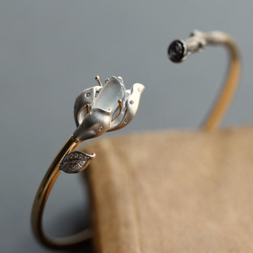 玻璃种翡翠玉兰花开手镯18k白金黄金钻石镶嵌 商品图1