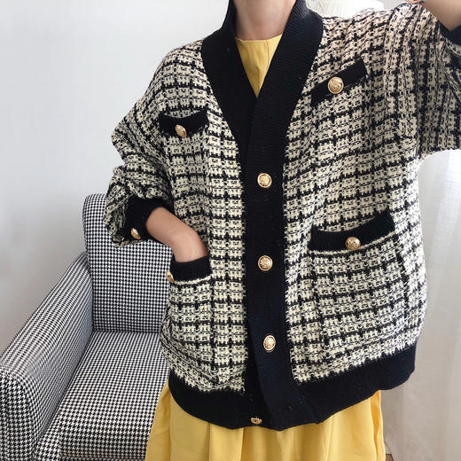 小香风外套秋季女装宽松春秋格子上衣针织开衫 商品图4