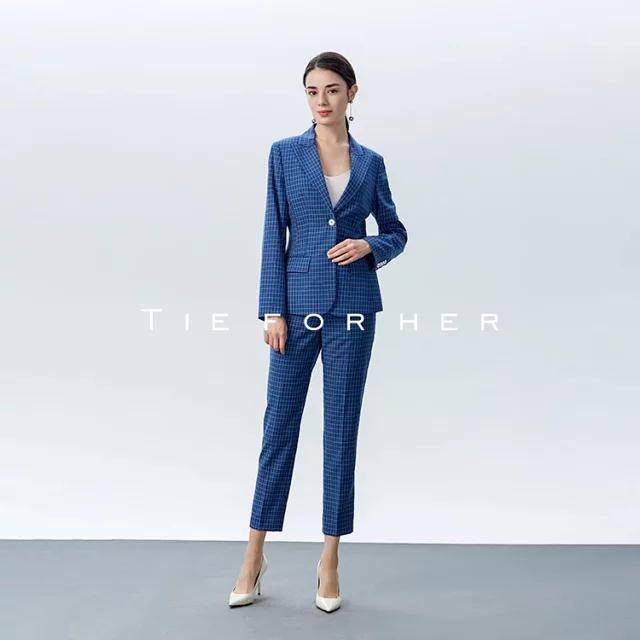 19LUX04新款深海蓝格纹气质女装西服外套女西装套装女士九分裤两件套
