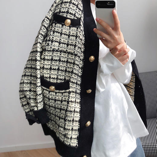 小香风外套秋季女装宽松春秋格子上衣针织开衫 商品图1