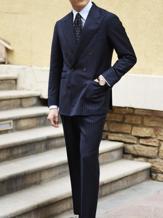 Super 120's 澳洲美丽诺羊毛藏蓝色条纹全麻衬套装 商品图1