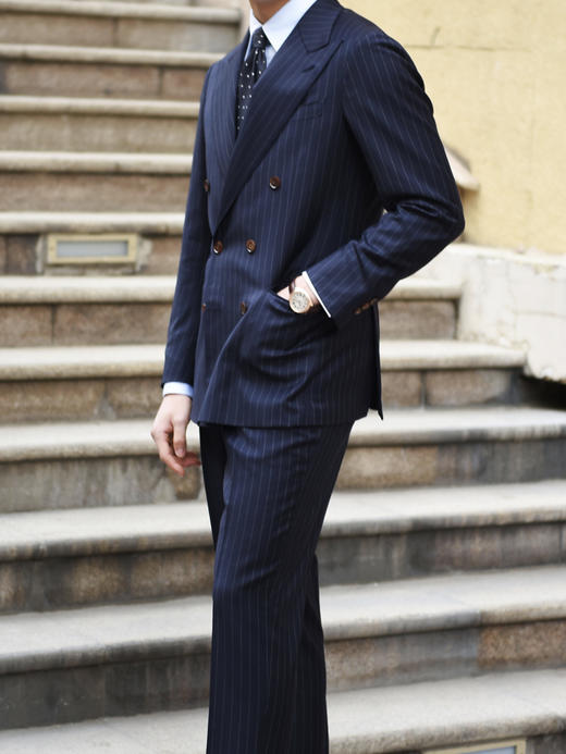 Super 120's 澳洲美丽诺羊毛藏蓝色条纹全麻衬套装 商品图2