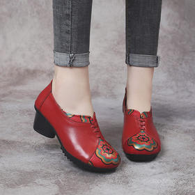 MLD-859新款2019秋季粗跟花朵软底真皮单鞋