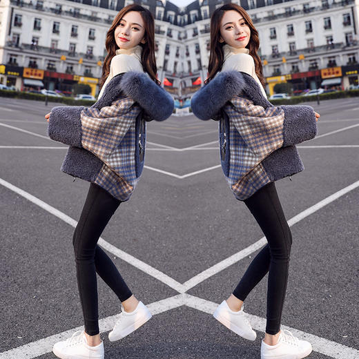 SS-7895秋冬新款时尚加厚毛领小个子宽松格子短外套 商品图2