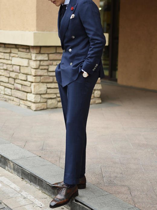 Huddersfield Chelsea Super 120's 澳洲美丽诺羊毛蓝色暗格纹全麻衬套装 商品图1