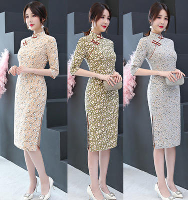 SYK 300826 时尚小清新棉质旗袍中长款中袖2019秋冬新款 商品图0