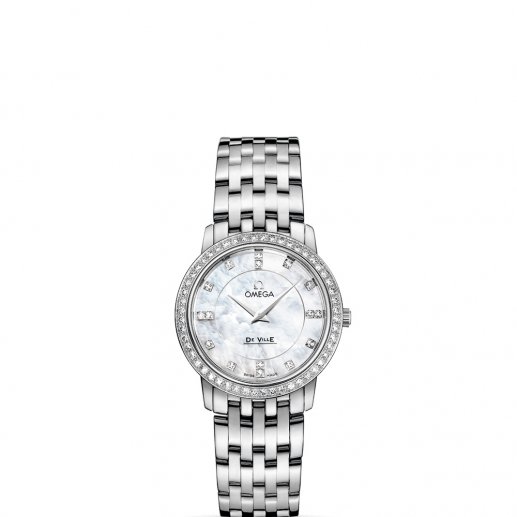 Omega De Ville女式27mm白色表盘精钢表壳精钢表链蓝宝石玻璃表镜石英表 41315276055001JPY带授权招加盟代理