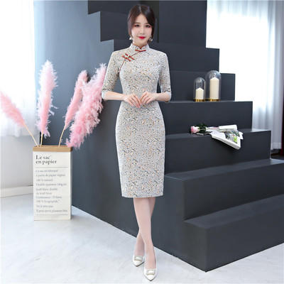 SYK 300826 时尚小清新棉质旗袍中长款中袖2019秋冬新款 商品图1