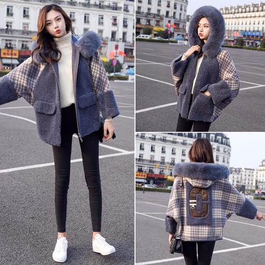 SS-7895秋冬新款时尚加厚毛领小个子宽松格子短外套 商品图3