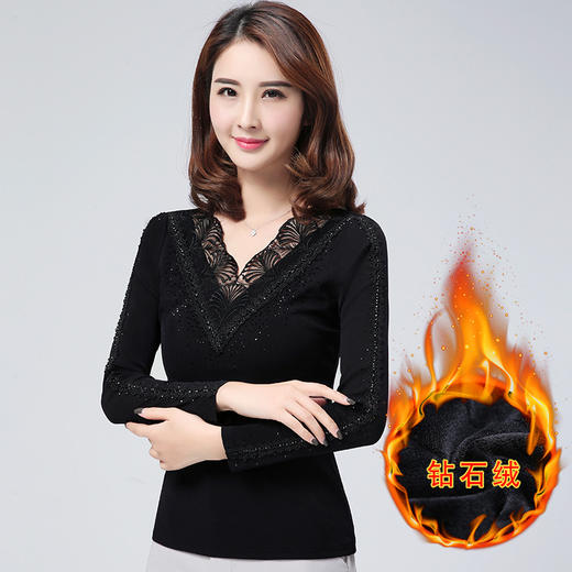 LXG-LR3163新款冬装蕾丝花边V领加绒加厚打底衫 商品图1