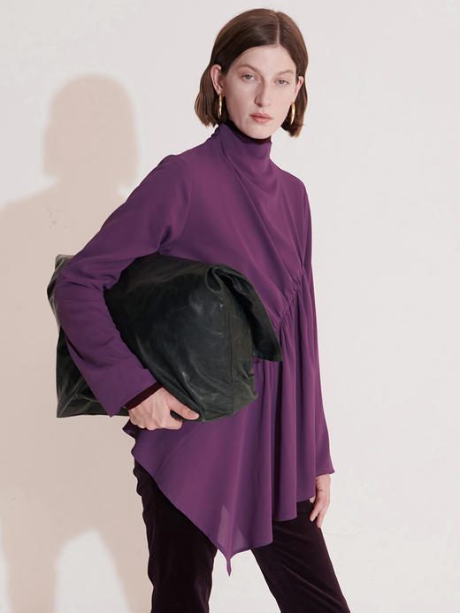 hidemi葡萄紫不对称褶皱垂坠感上衣显白衬肤色