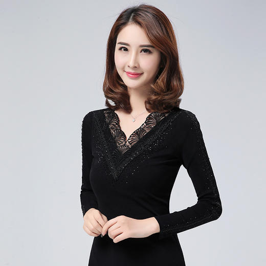 LXG-LR3163新款冬装蕾丝花边V领加绒加厚打底衫 商品图2