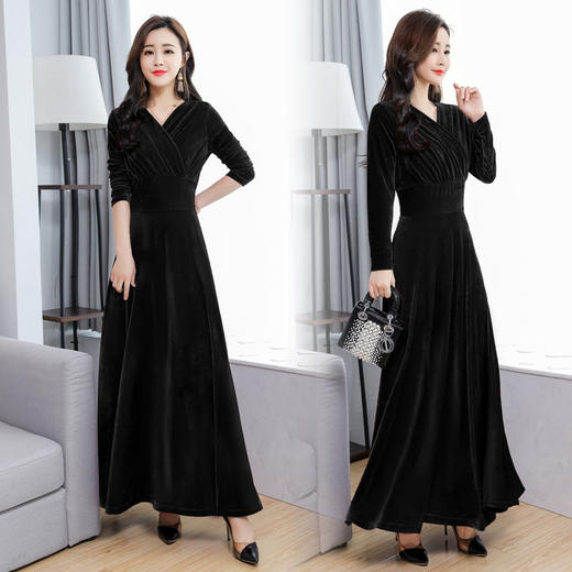 AHM-lyqA01秋冬新款修身显瘦长袖高腰大摆裙V领长裙 商品图3