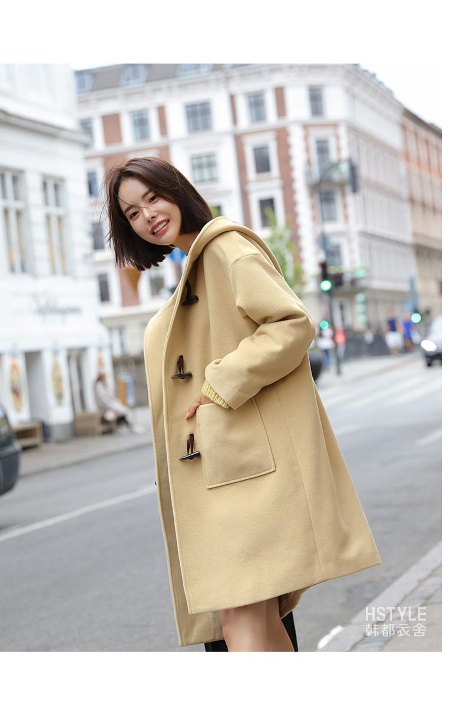 韩都衣舍2020冬装新款韩版中长款牛角扣毛呢外套女ge00140苏0920
