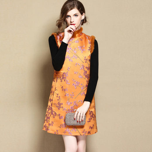 AYK-1807027秋冬新款中国风提花立领毛边拼接连衣裙 商品图0