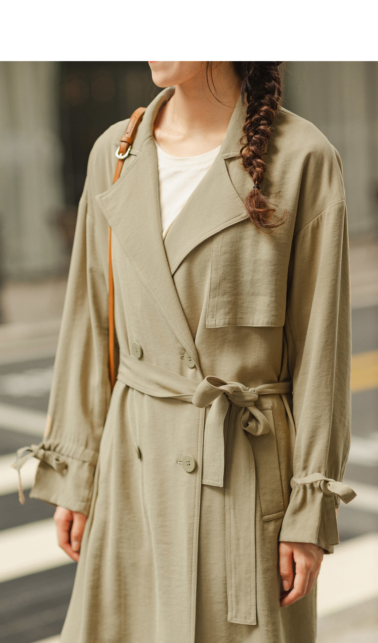 茵曼2019秋季新款气质翻领系带收腰卡其色风衣女长款过膝港风薄款