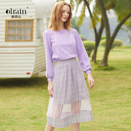 欧芮儿新款女装百搭长袖T恤+拼接网纱半身裙两件套套装 商品图0