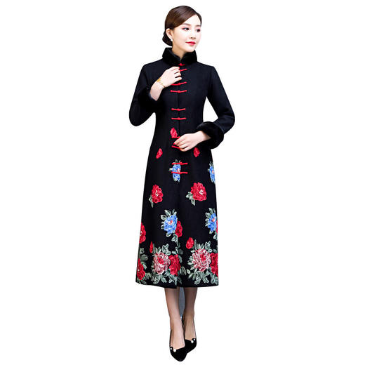 上海旗袍厂BJ-180235秋冬加厚毛呢红色旗袍新款毛领长款旗袍连衣裙复古民族风改良旗袍 商品图4