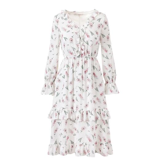 欧芮儿 碎花雪纺连衣裙女新款长袖木耳边复古收腰A字长裙 商品图1