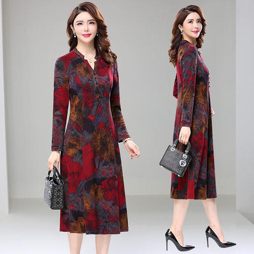 AHM-6659秋新款中年妈妈装复古印花气质修身长袖连衣裙 商品图0