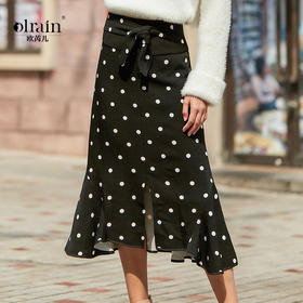欧芮儿新款不规则黑色波点半身裙女