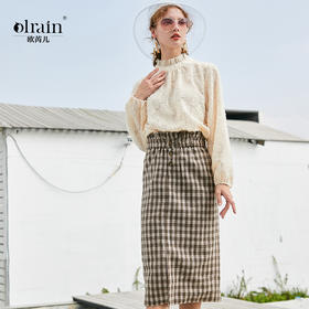 欧芮儿 新品淑女风小香风蕾丝衫格子半裙时尚套装两件套