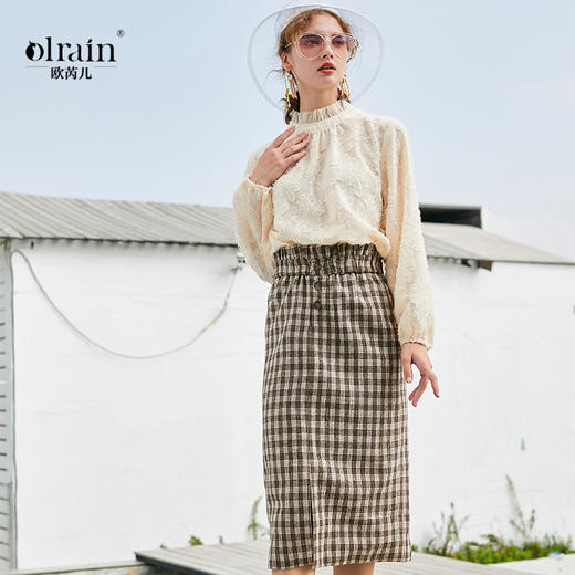 欧芮儿 新品淑女风小香风蕾丝衫格子半裙时尚套装两件套 商品图0