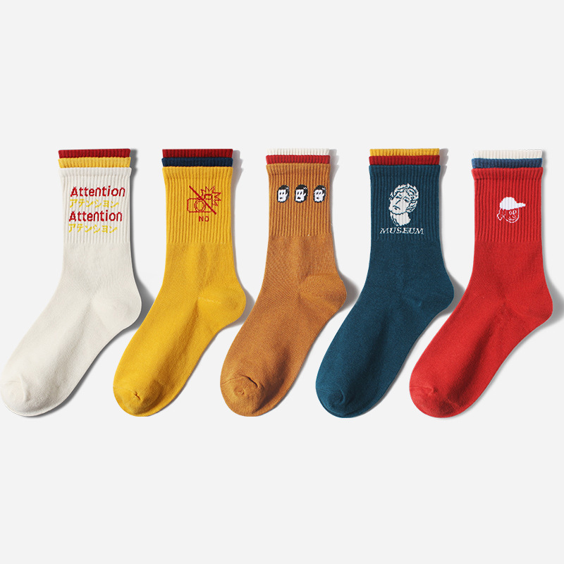 【日系原宿风女袜】创意设计女士长筒袜 个性潮流三色袜口棉袜3双装