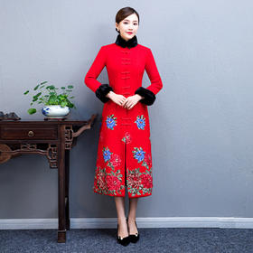 上海旗袍厂BJ-180235秋冬加厚毛呢红色旗袍新款毛领长款旗袍连衣裙复古民族风改良旗袍
