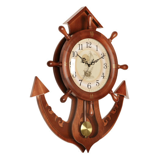 汉时(Hense)欧式船舵挂钟创意静音实木时钟木质艺术挂表现代壁钟客厅摆钟经典石英钟表HP39棕色 商品图0