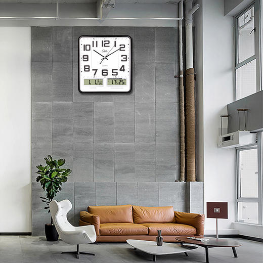 康巴丝(Compas)挂钟16英寸万年历温湿度钟表创意客厅静音时钟简约挂表方形日历石英钟C2983黑白 商品图3