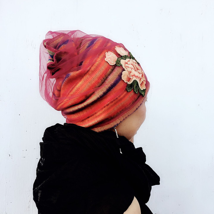 结香棉质针织条纹覆网纱扭扭帽