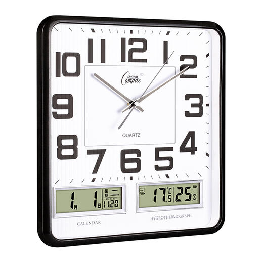 康巴丝(Compas)挂钟16英寸万年历温湿度钟表创意客厅静音时钟简约挂表方形日历石英钟C2983黑白 商品图0