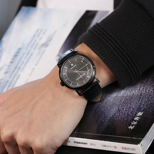 罗西尼（ROSSINI）手表 Live系列进口机芯牛皮表带酷黑个性时尚石英情侣表钟表男表5613B04B 商品图3