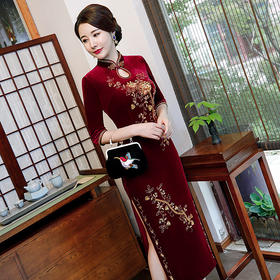 QQ-9039秋季新款金丝绒钉珠长款旗袍