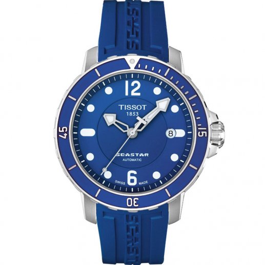 Tissot Seastar男式42mm蓝色表盘不锈钢外壳蓝色橡胶表带蓝宝石表面机械表T0664071704700JPY带授权招加盟代理