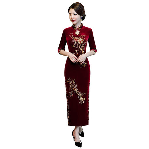 QQ-9039秋季新款金丝绒钉珠长款旗袍 商品图4