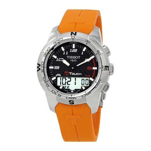 Tissot T-Touch男式35mm黑色表盘不锈钢外壳橙色橡胶表带蓝宝石表面石英表T0474201705101JPY带授权招加盟代理