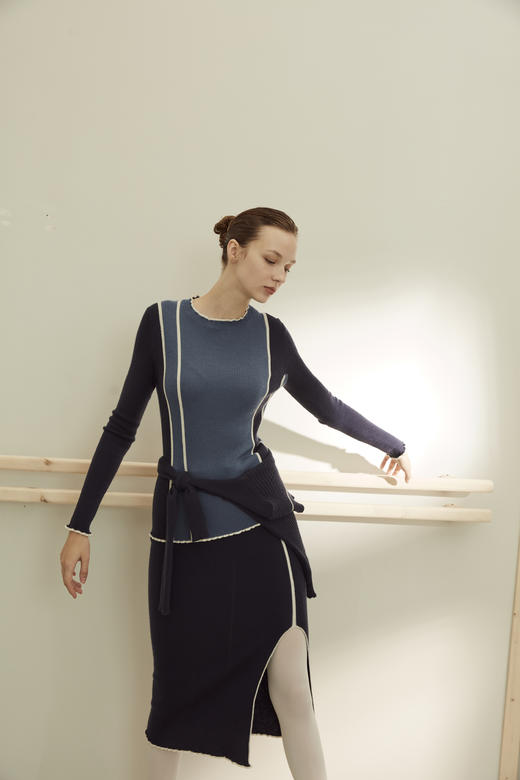 精纺羊绒抽条开叉直筒长裙 SJF91W132N 商品图0