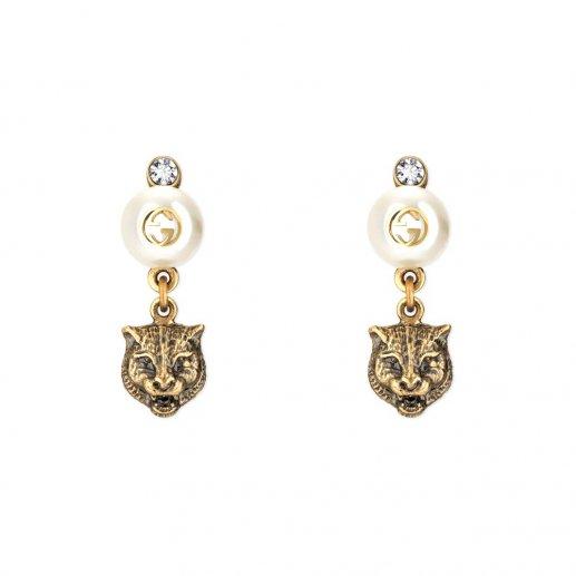 gucci古驰女式feline金色镶珍珠做旧猫头耳钉耳坠yba482016001017