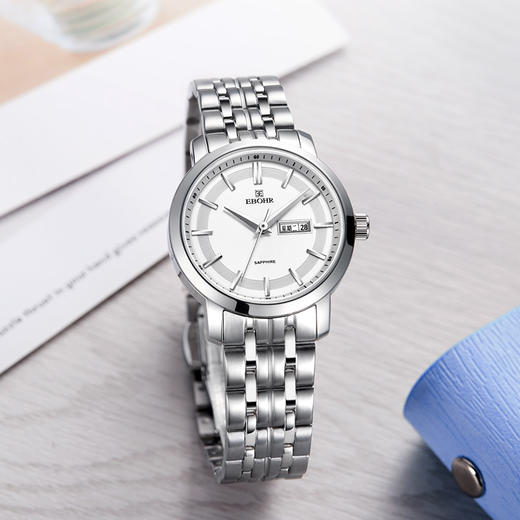 依波(EBOHR)手表 大师系列简约白面实心钢带防水石英情侣表女表钟表36190126 商品图3