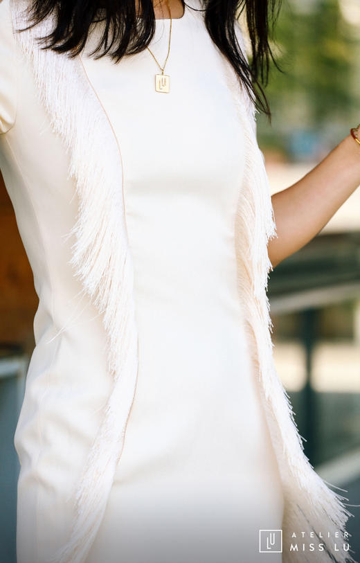 AtelierMissLu / Annet-珍珠白两侧流苏装饰连身裙 商品图8