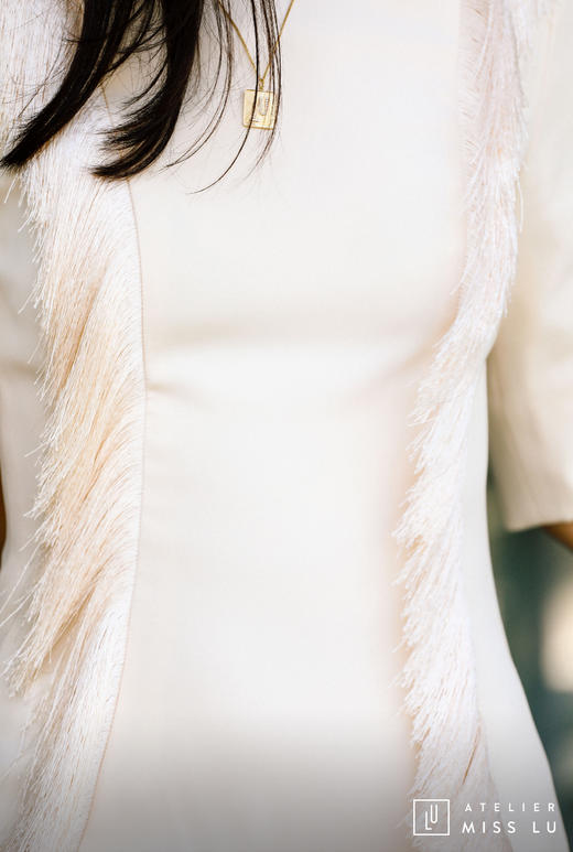 AtelierMissLu / Annet-珍珠白两侧流苏装饰连身裙 商品图6