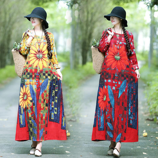 SJ-3159秋季新款大码长袖棉麻连衣裙 商品图1