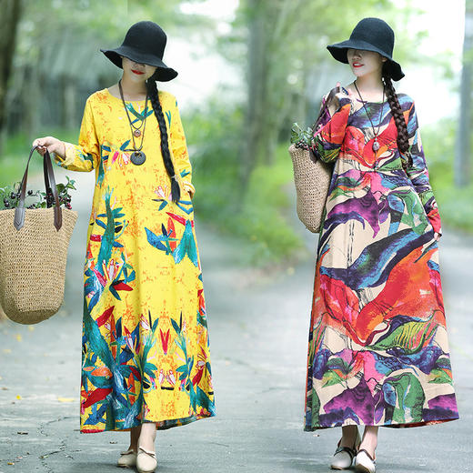 SJ-3159秋季新款大码长袖棉麻连衣裙 商品图0