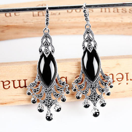 ysjex153新款925泰银复古民族风孔雀尾玛瑙宝石耳环