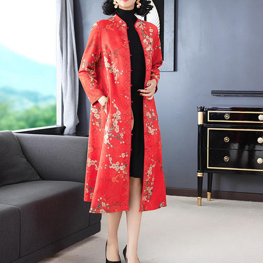 NYT-H03秋冬新款宽松大码时尚印花中国风优雅鹿皮绒风衣 商品图0