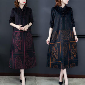 AHM-aswy1959秋冬新款宽松大码复古盘扣羊绒印花连衣裙民族风长裙